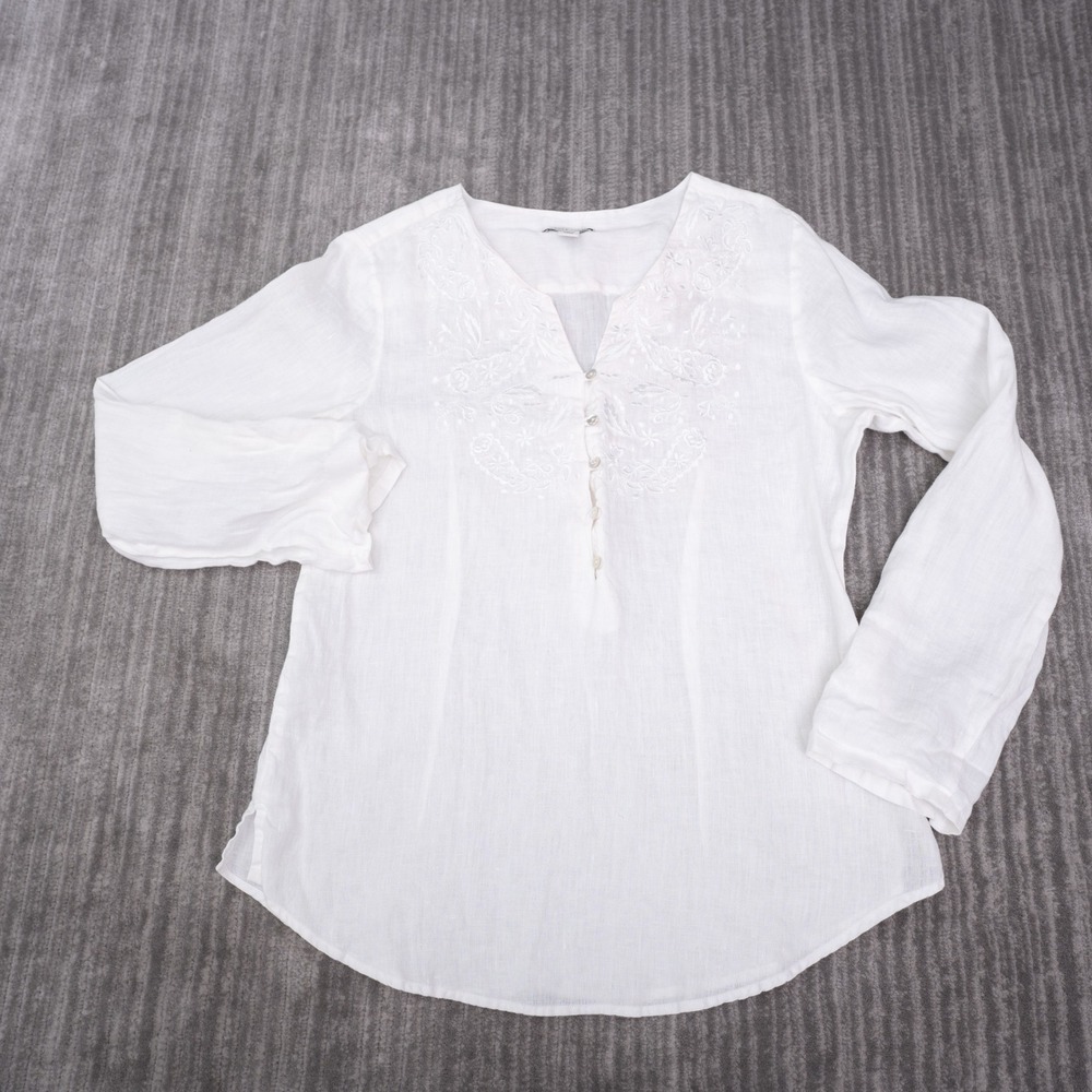 Carole Little Blouse Women Large White Excellent Linen Embroidered V-Neck Top